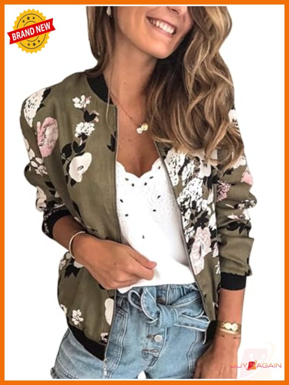 Floral Zip Up Bomber Jacket Lightweight Quilted Coat